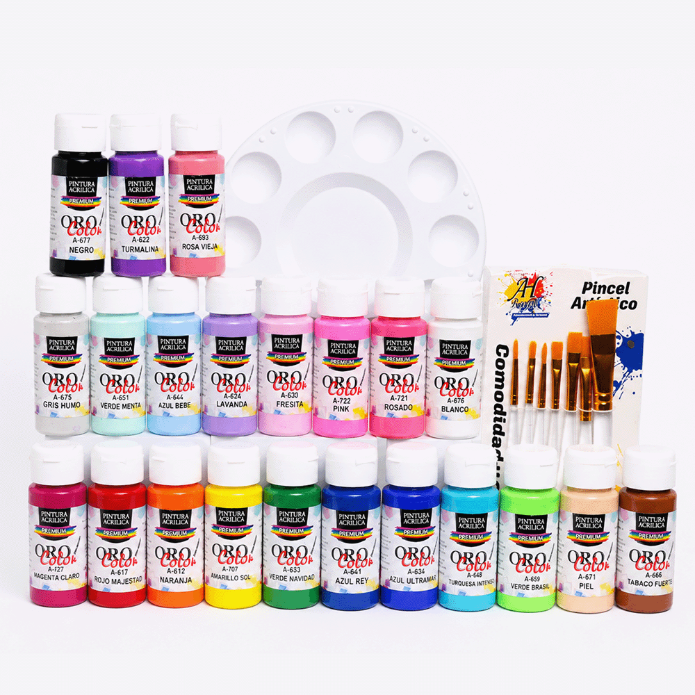 Set 22 Colores Pintura Acrilica Premium 60ml + Paleta + Set de pinceles
