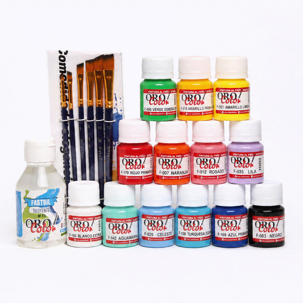 Set 13 Colores Pintura Acrilica Clasica 30ml + Fastdil 120ml + Set de pinceles